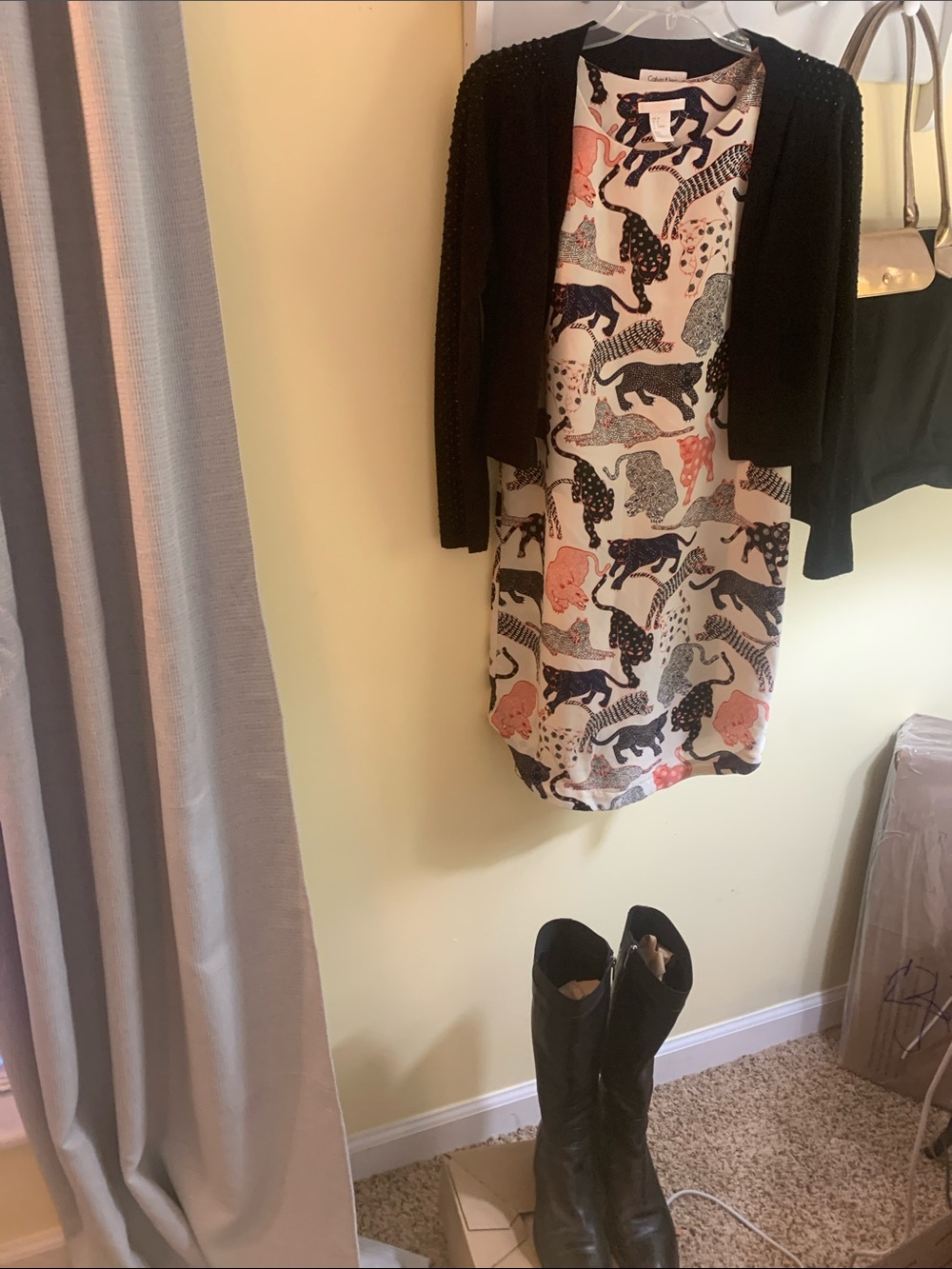 Animal Print Short Dress with Black Cardigan, boots and bag